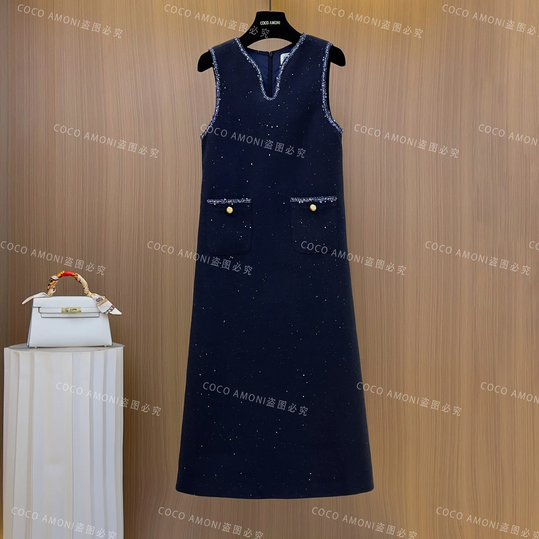 [曼姐]秋冬法式设计师爆款女装拼接收腰显瘦气质连衣裙WXH1035