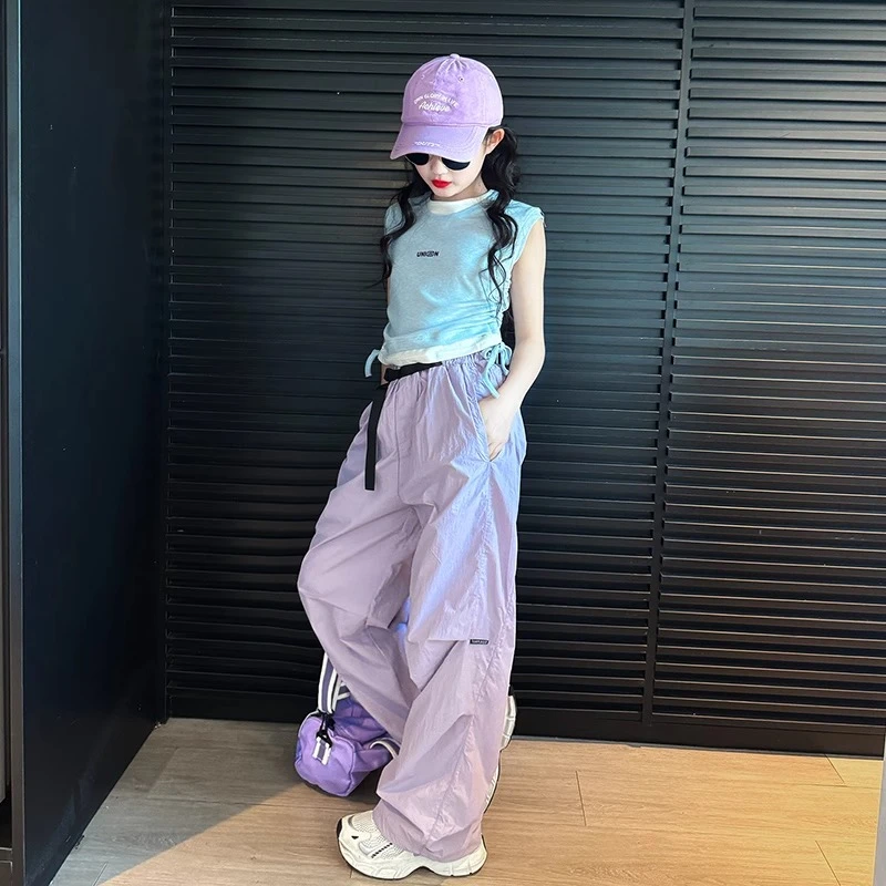 女童工装裤夏薄款2025新款套装紫色裤子网红中大童又酷又飒俩件套