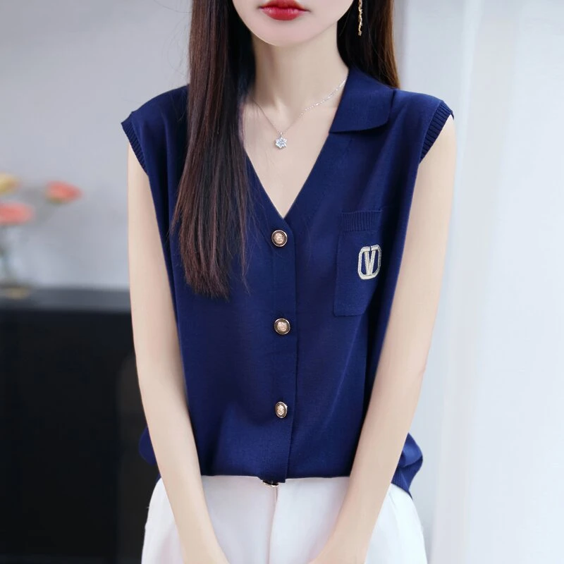 莱赛尔天丝大码PoloV领无袖背心女针织开衫女学院风盐系显瘦上衣1