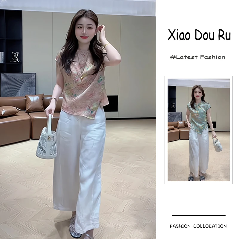 夏季流行穿搭一套新款2025年新中式国风盘扣气质上衣阔腿裤两件套
