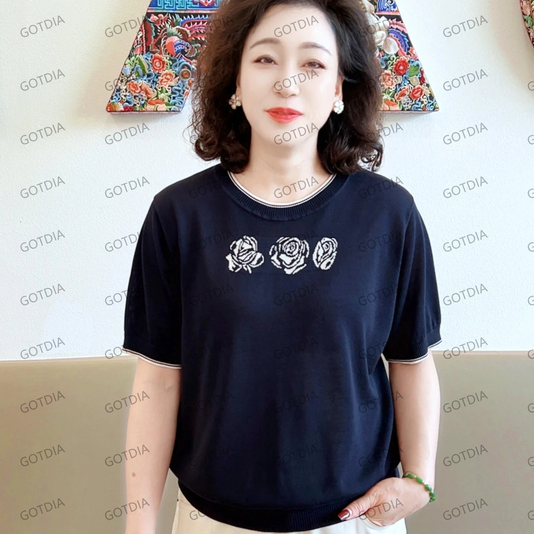 【夏日玫瑰】夏季清凉莱赛尔天丝（2549）大码短袖显瘦时尚妈妈装圆领