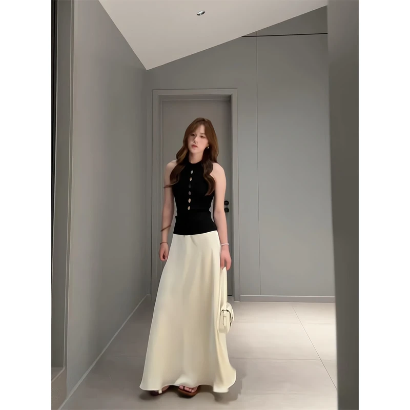 镂空挖肩背心无袖针织衫紧身外穿上衣半身裙高腰轻熟法式优雅长裙