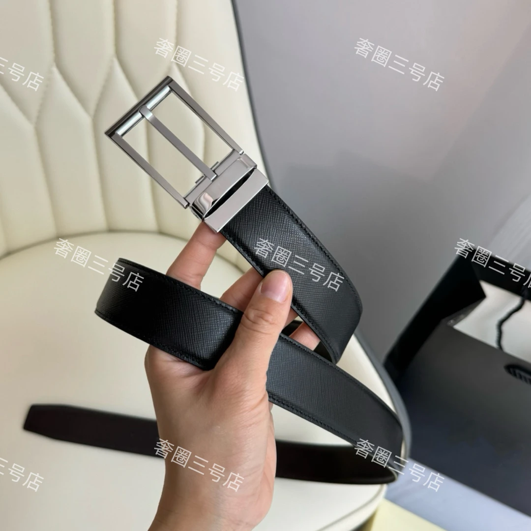 【雷总同款】3.5宽亮银方扣 黑咖十字纹 男士皮带皮具