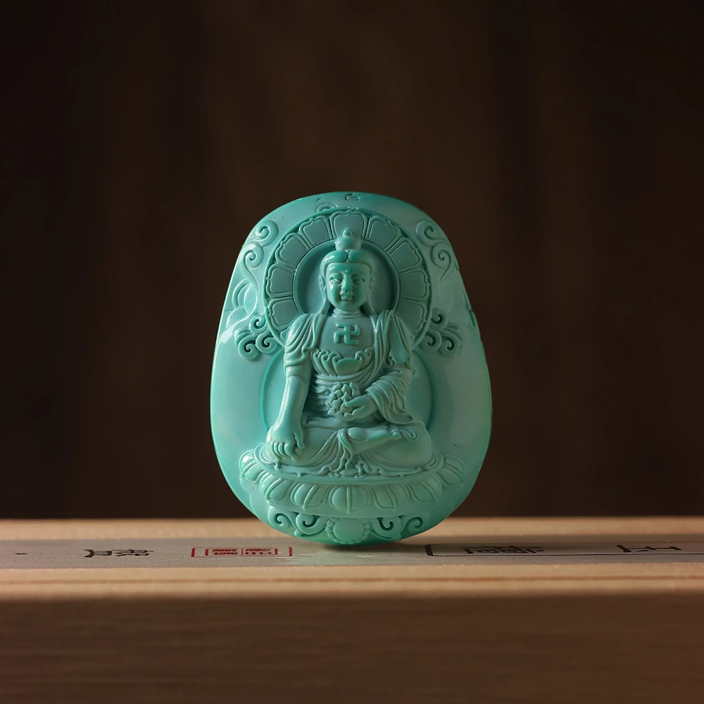 【富贵绿松石】天然原矿高瓷绿绿松石雕刻大日如来挂件配件