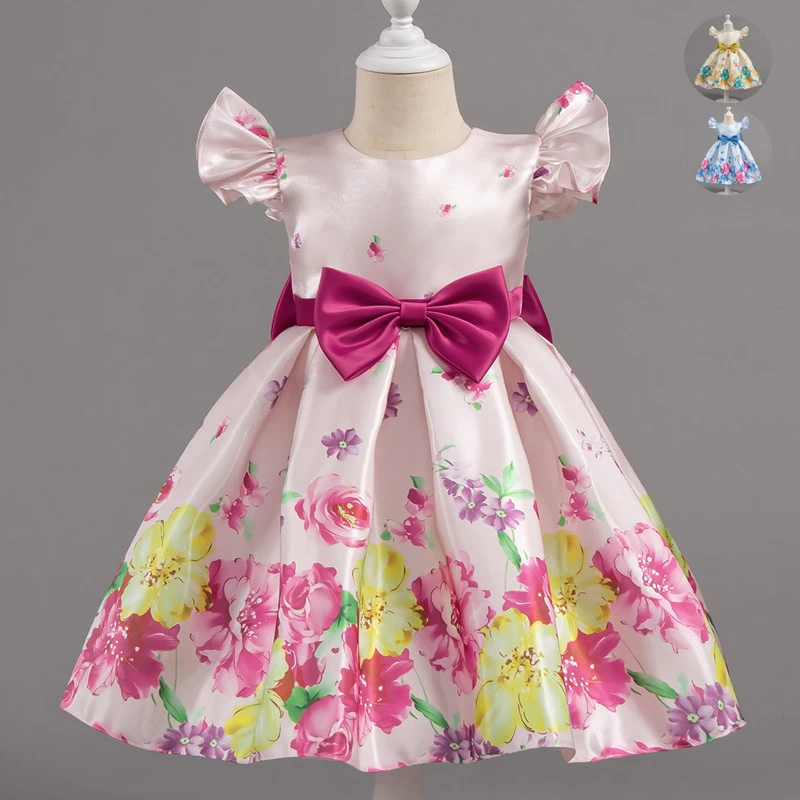 【跨境专供】儿童礼服欧美印花裙子女童装公主裙蝴蝶结连衣裙夏季