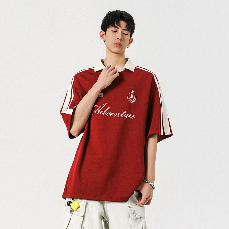 V37 翻领设计感短袖t恤男款2025夏季新款潮牌五分袖美式重磅半袖