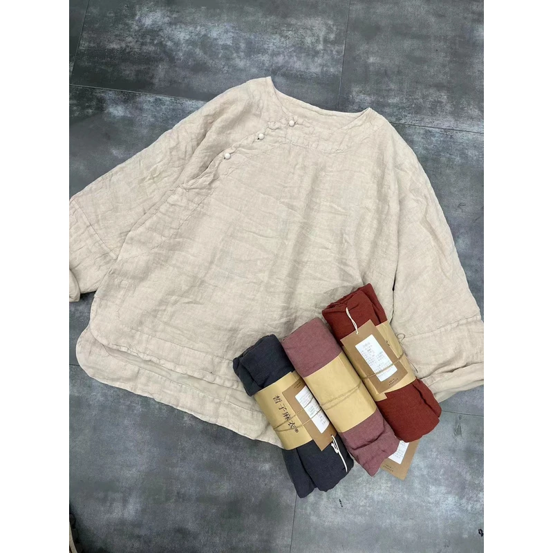 KM3542斜襟盘扣 雨露麻双层上衣秋冬新款复古文艺百搭