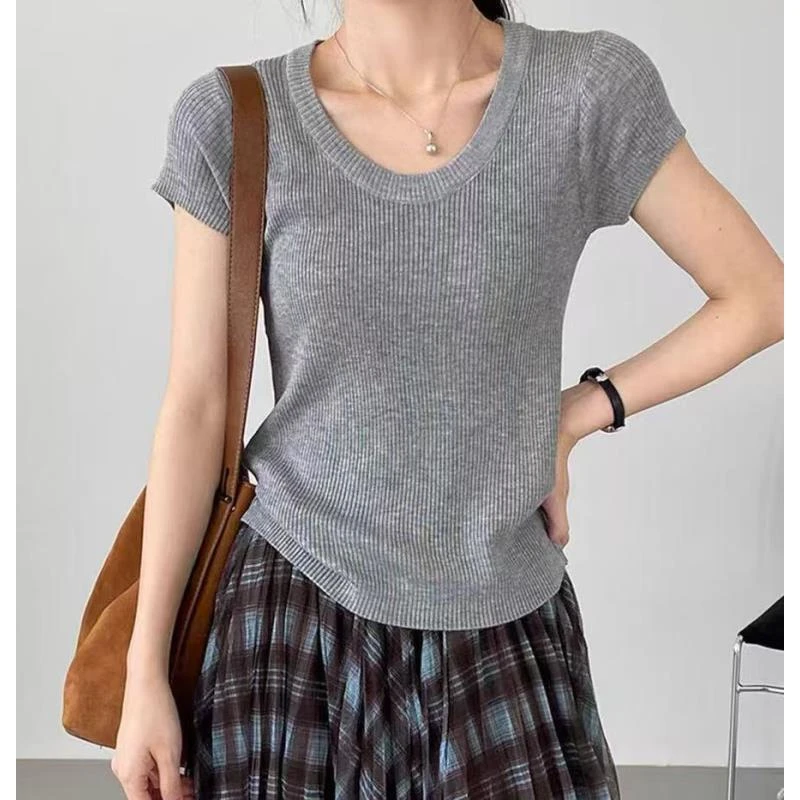 9394号#99914#早秋复古U领简约气质通勤短袖针织上衣（预）