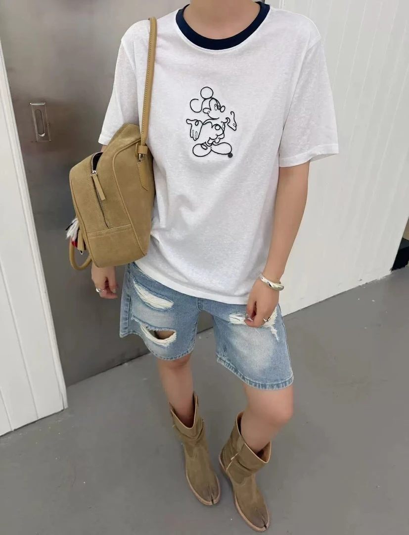 Manmi 卡通刺绣撞色领口短袖T恤 22366（C7）