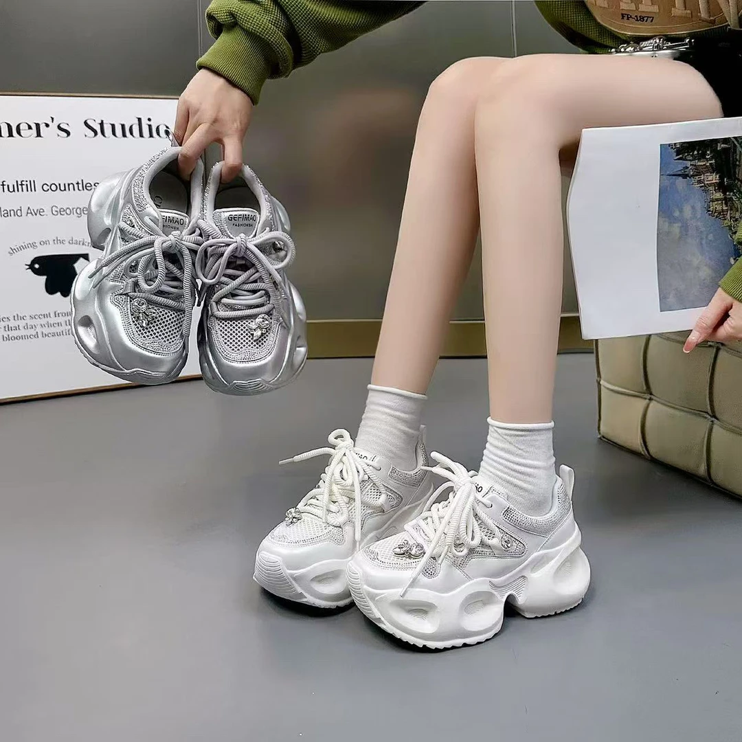 2025春季老爹鞋女水钻新款厚底休闲增高女鞋小个子松糕老爹鞋带钻