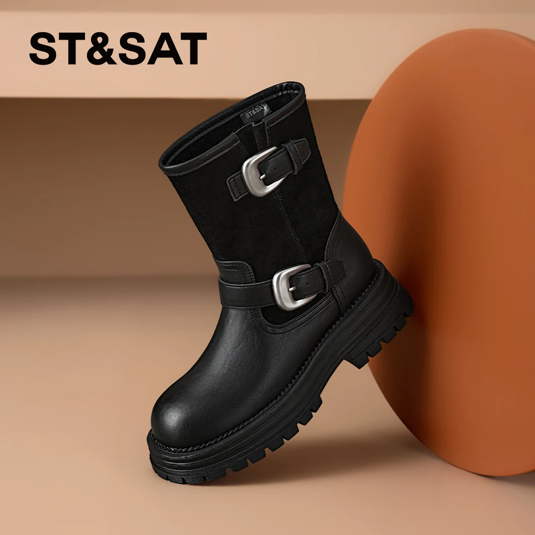 星期六英伦风套筒靴子2025秋季系扣一脚蹬短靴时尚时装中筒靴防水