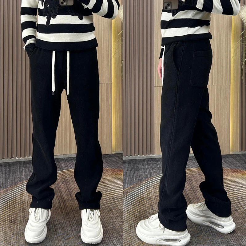 春秋新款高街美式宽松直筒条绒休闲裤男士秋冬加绒阔腿纯色运动裤