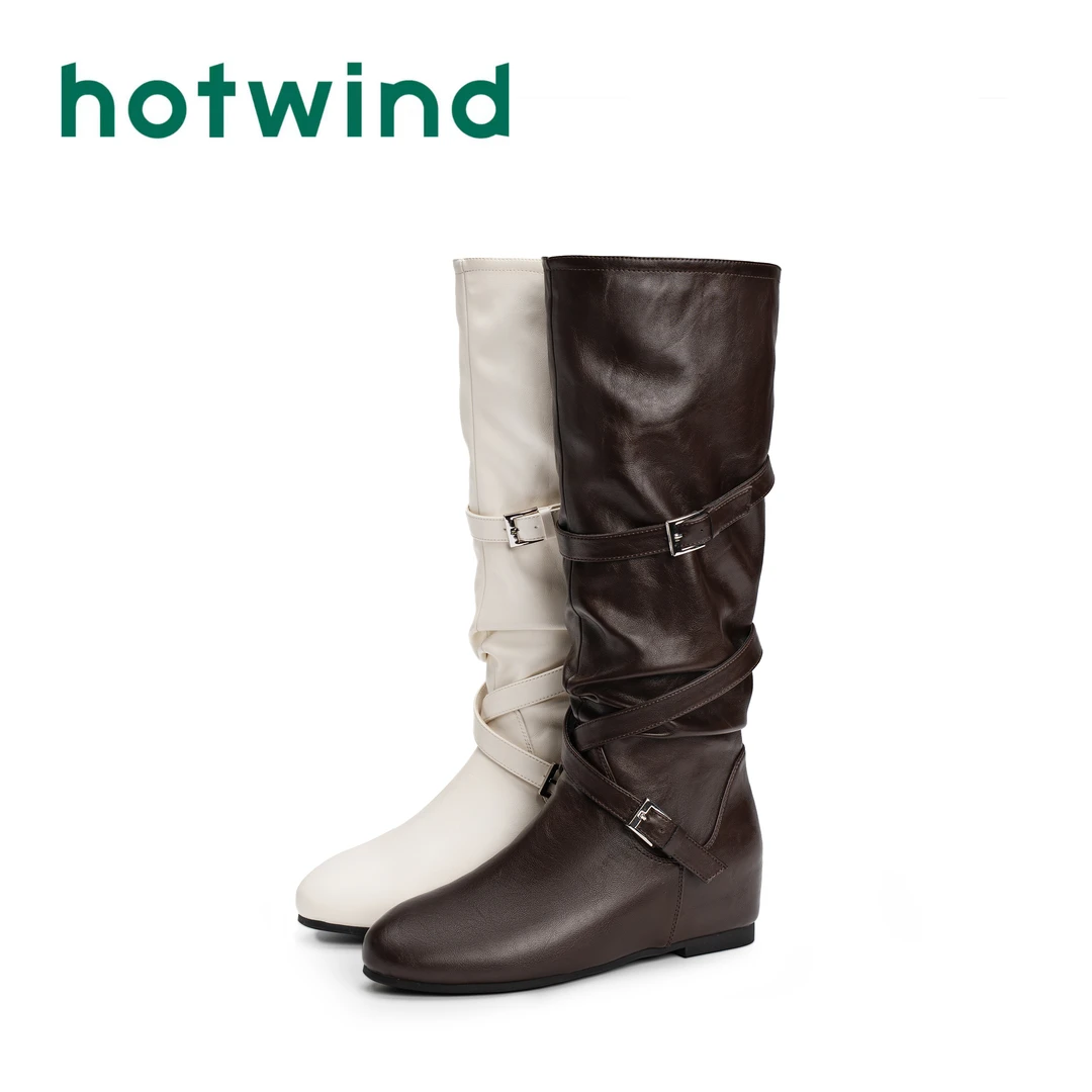 Hotwind热风韩版小众皮带扣复古堆堆靴2025秋冬新款西部骑士靴女
