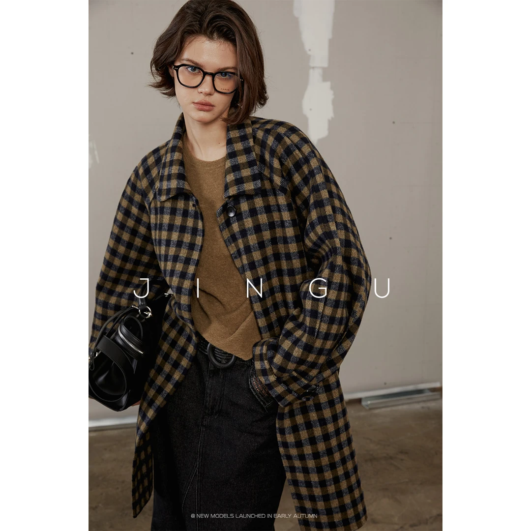 黑标全尺码~格纹双面呢中长款大衣复古宽松格子毛呢