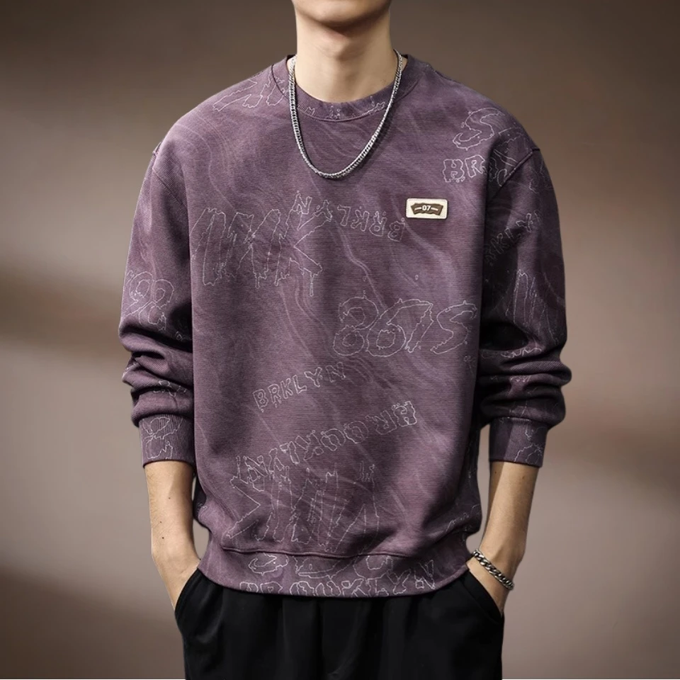 秋冬加绒重磅潮牌提花卫衣男美式复古云染痞帅上衣宽松圆领打底衫