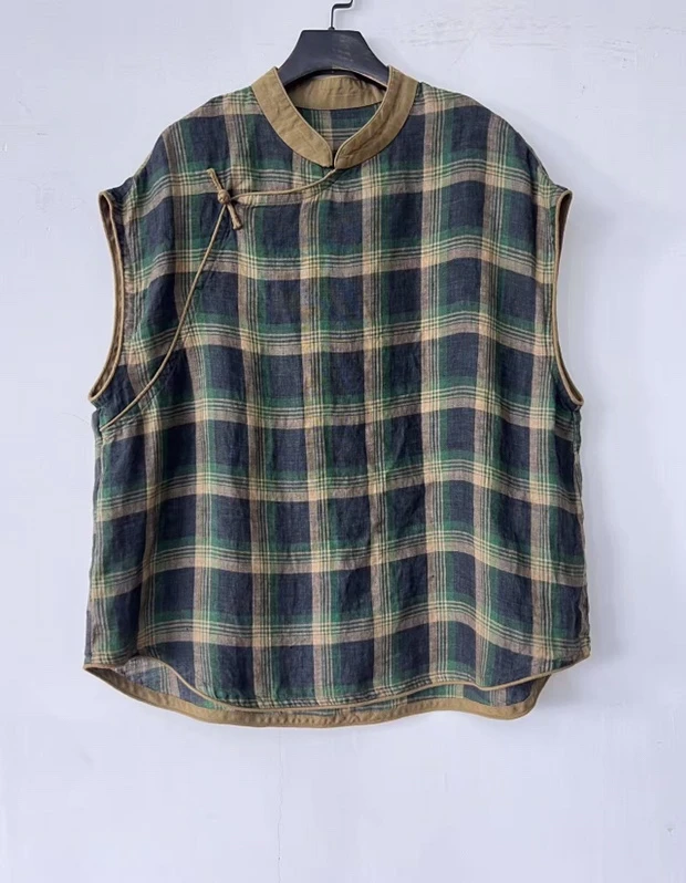 小红分享-衣秋白351063新款格子亚麻盘口立领马甲66围125