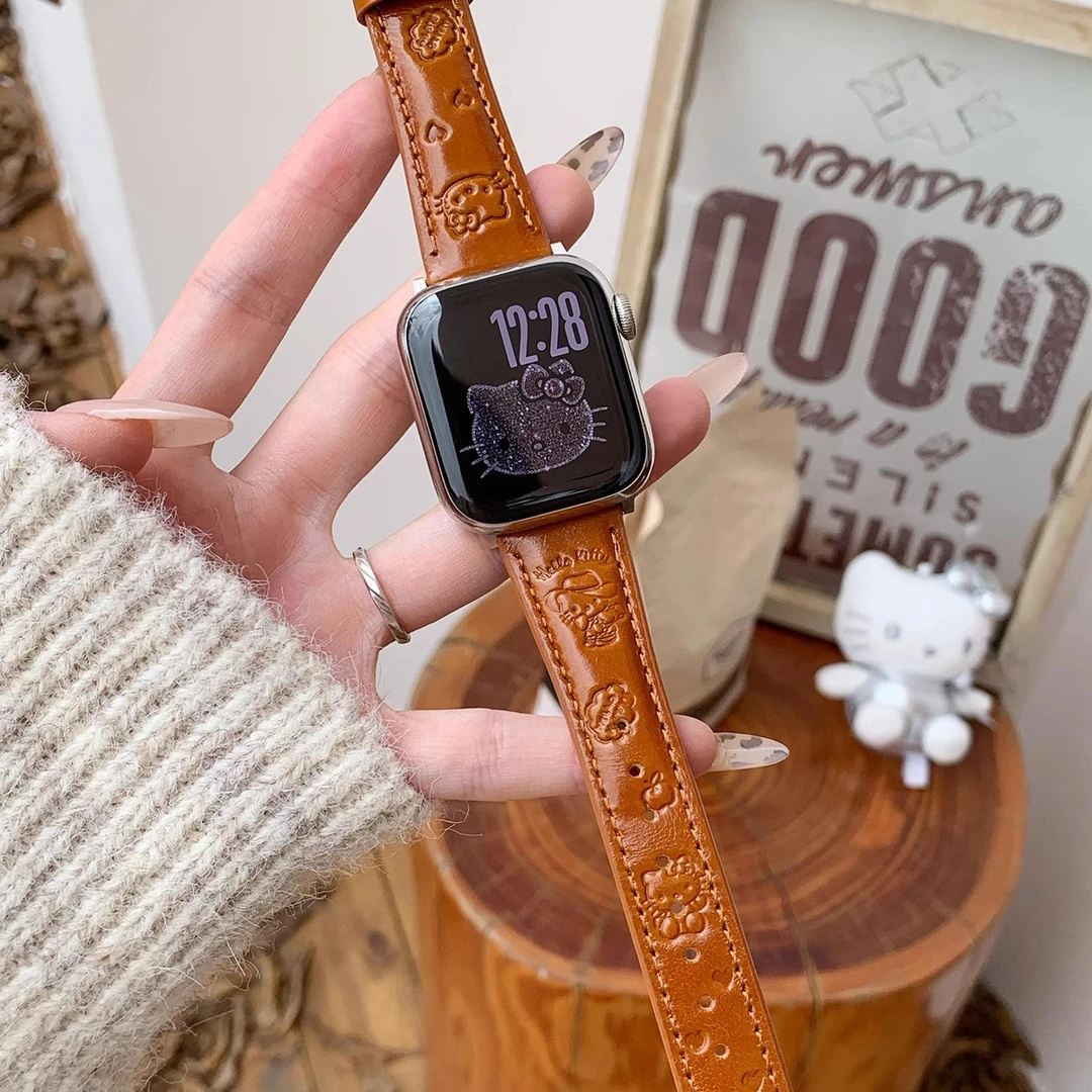 适用iWatch[印花KT猫]亮面皮ins风秋冬色系s11苹果手表表带