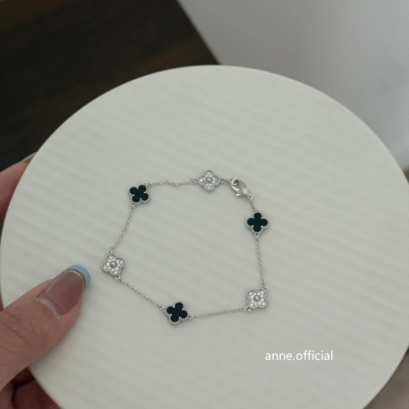 铜合金手链 迷你黑白六花熊猫幸运四叶草镶锆手链【S319】