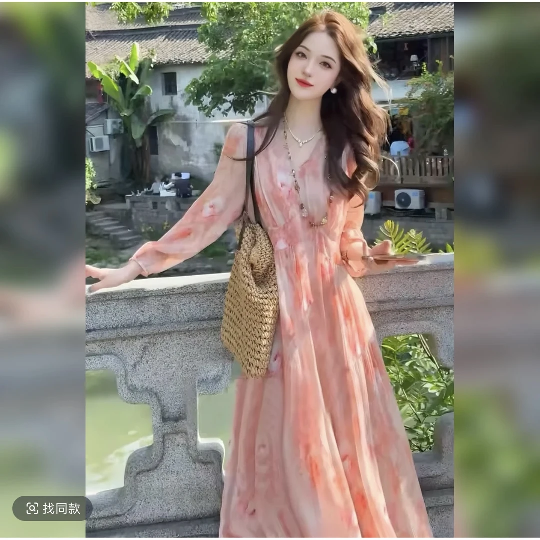 气质法式碎花温柔收腰时尚复古夏季女装长裙印花连衣裙显瘦