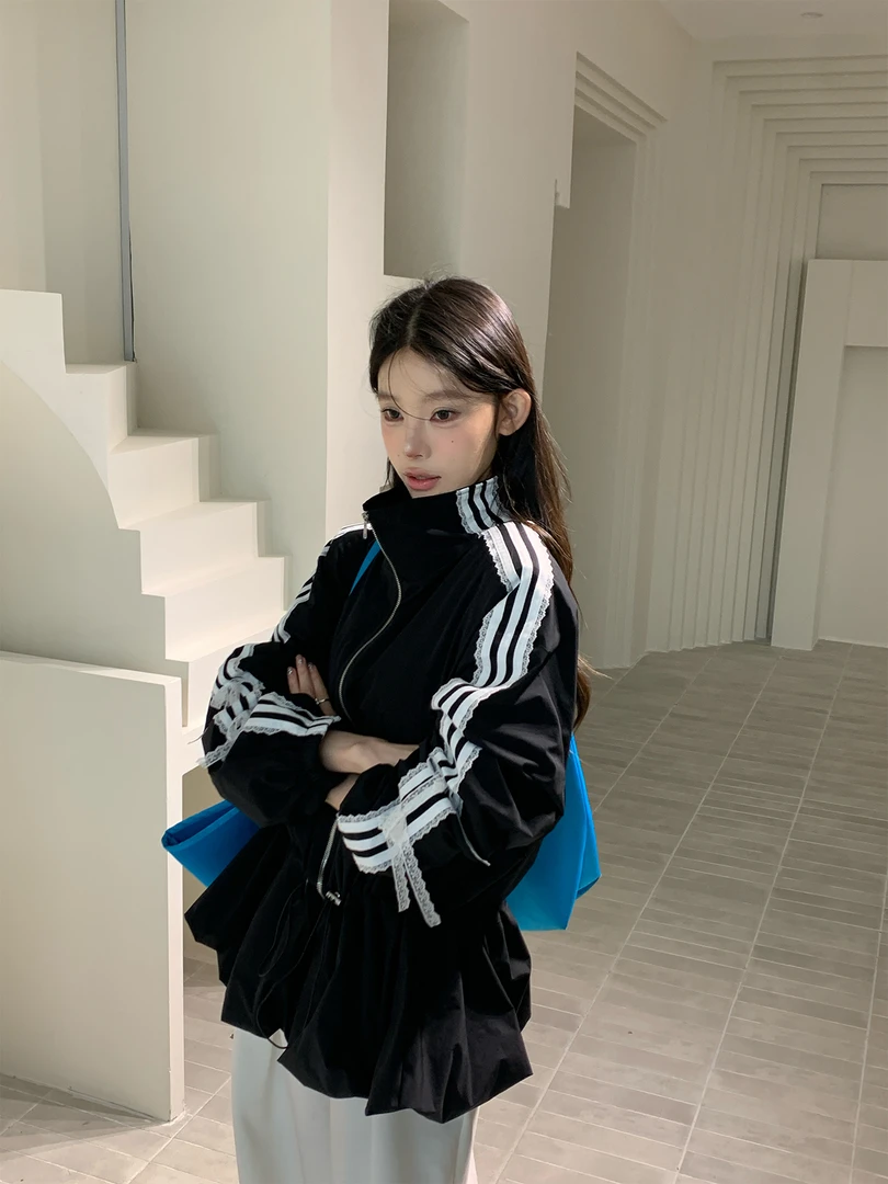 【YWYW25S/S】春夏气质蕾丝绑带袖设计猪鼻扣收腰显瘦防晒外套3989