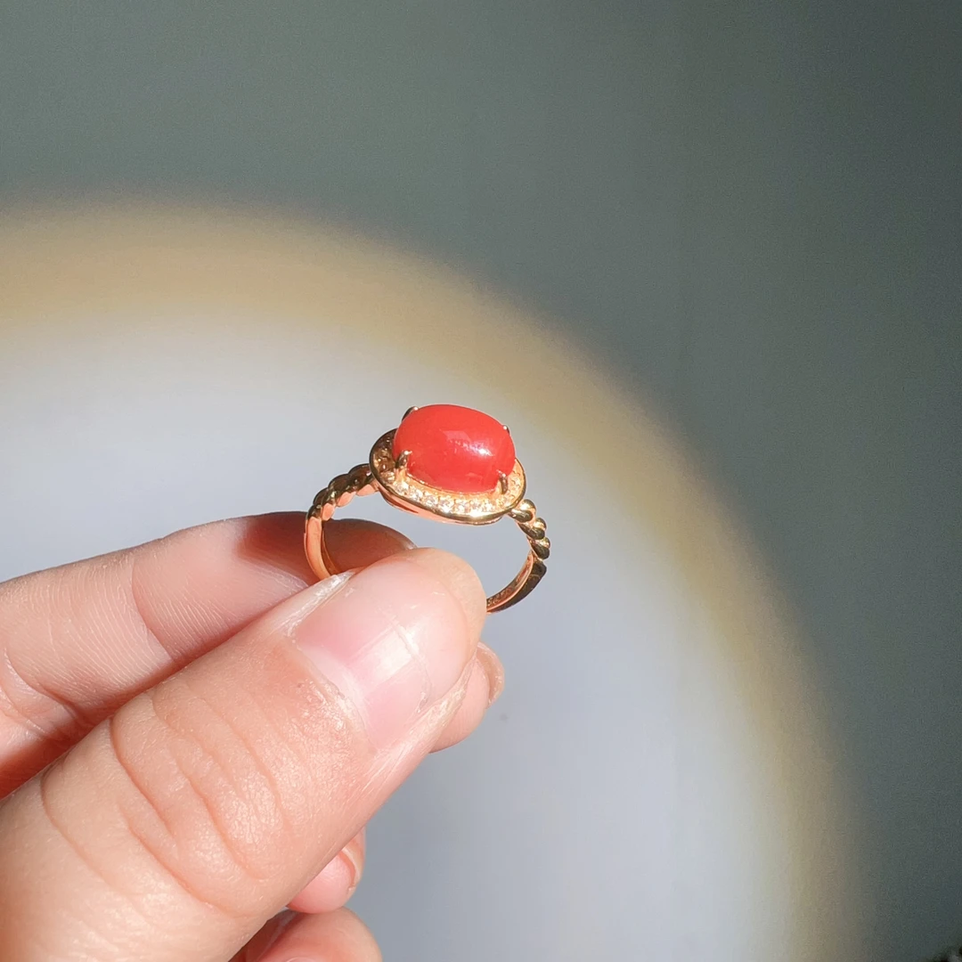 S925银牛血红南红戒指7x9mm