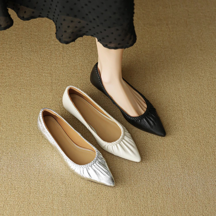 羊皮~2.5cm银色单鞋尖头软底软面奶奶鞋真皮复古百搭浅口坡跟单鞋
