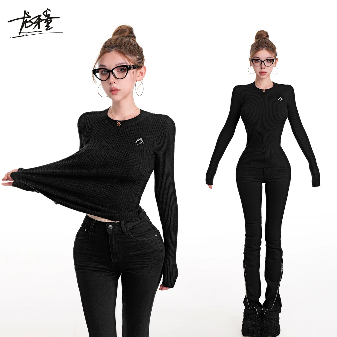 龙牙童推荐【智性弧度】美式复古竖坑条纹针织打底衫显瘦气质风毛衣