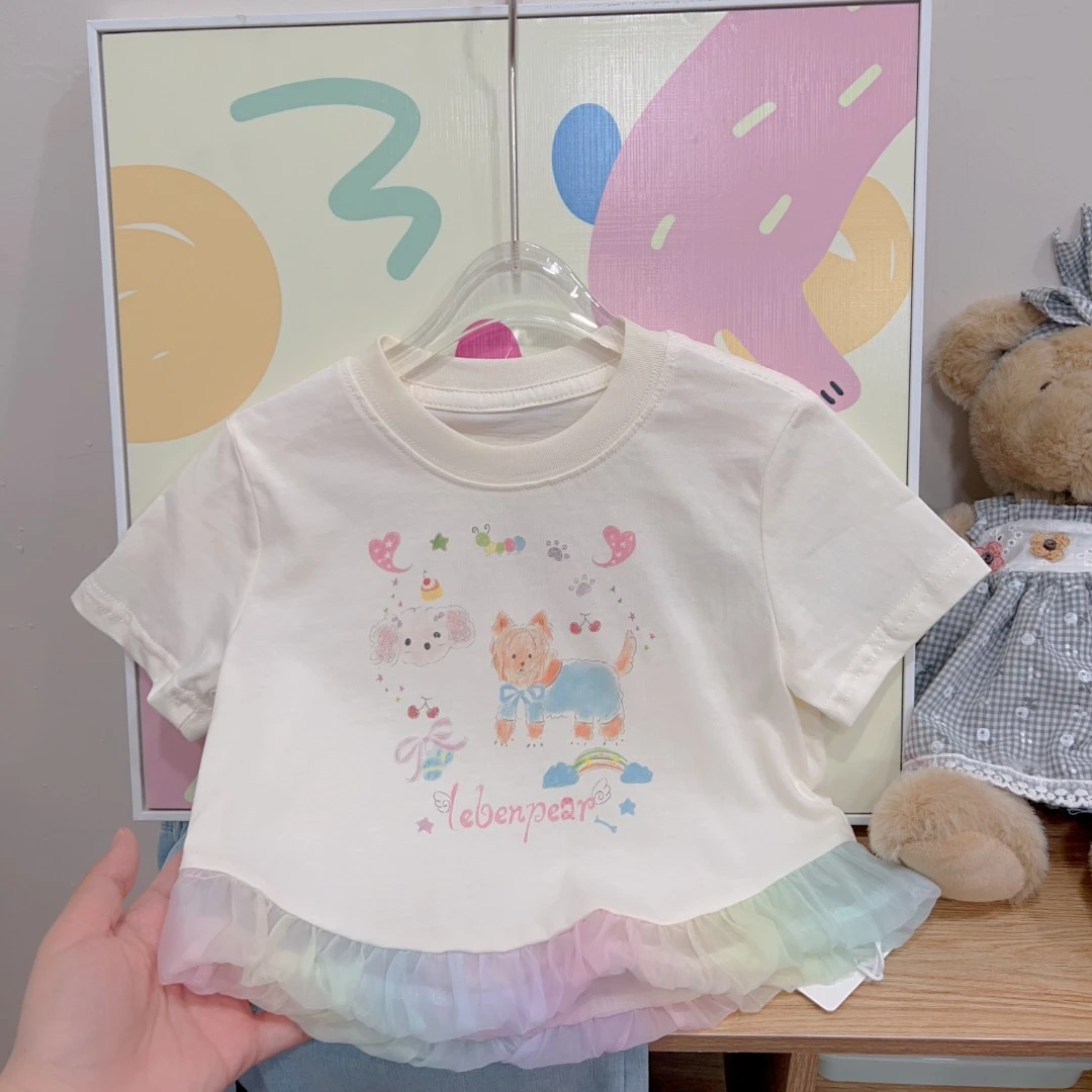{花卷卷}2025夏季女童卡通拼接彩色下把纱纱圆领T恤短袖8195