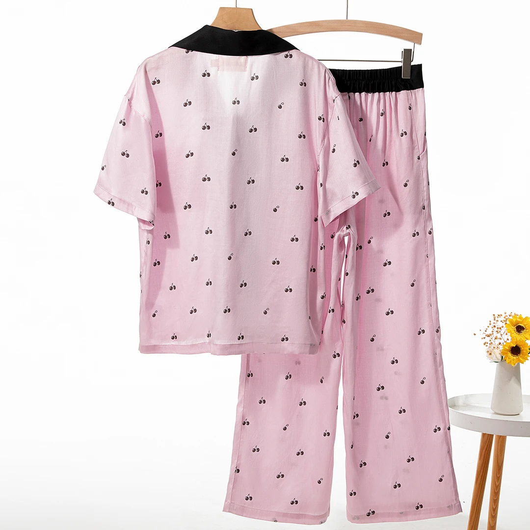 天丝夏季女士樱桃短袖长裤家居服睡衣套装