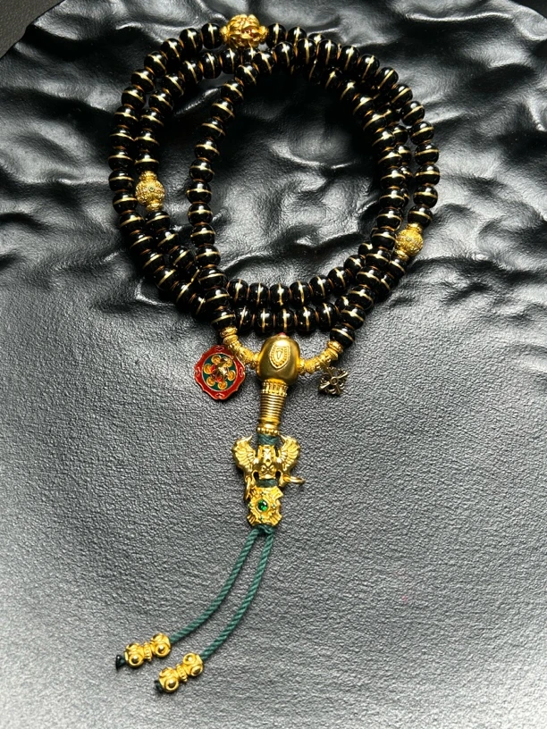 足金 卡7 嘎当三通珐琅彩黑色108珠串 克重144.25g