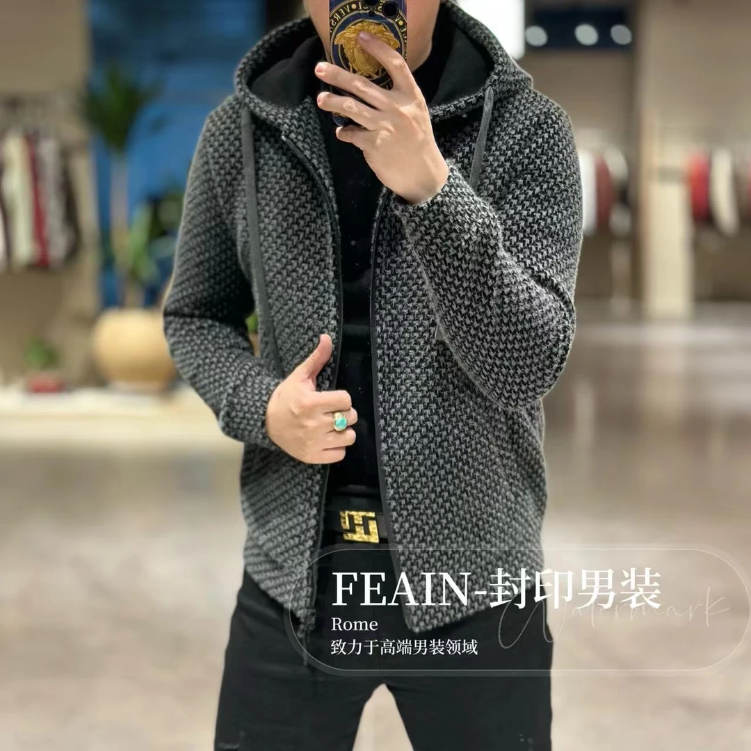 【雪尼尔花纱】高端定制雪尼尔花纱飞织男士加绒加厚连帽开衫JH671