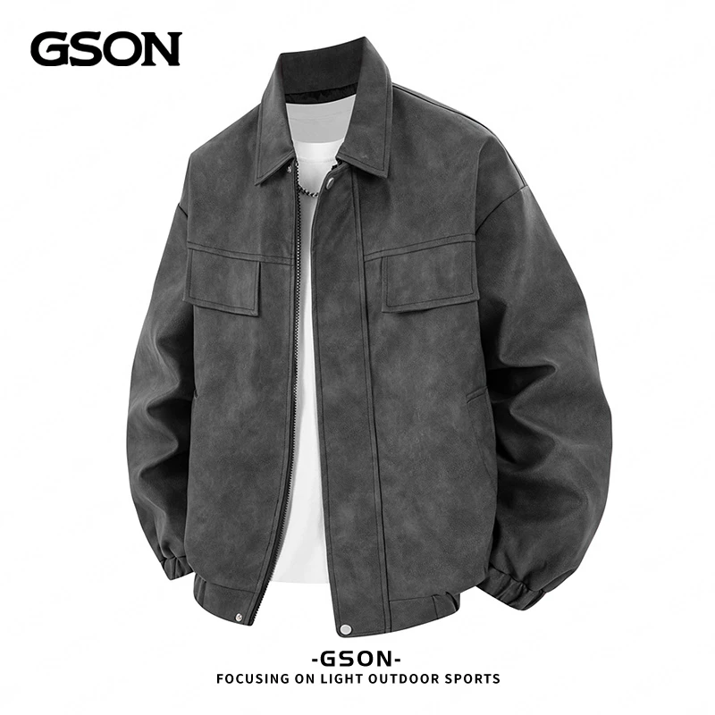GSON男女同款潮牌PU皮复古夹克情侣款户外机车服休闲宽松简约外套
