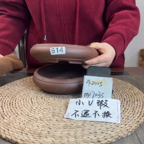 紫砂花盆微瑕紫泥扁鼓两只614