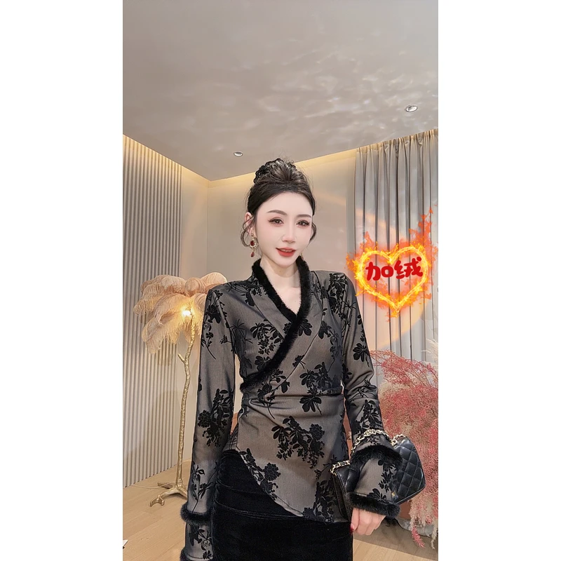 【美美专享】11127复古新中式修身不规则显瘦加绒上衣女