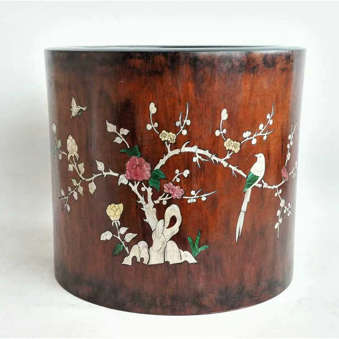 文华开物第218期拍品 17 清 黄花梨嵌螺钿花鸟诗文卷缸（预展勿拍）