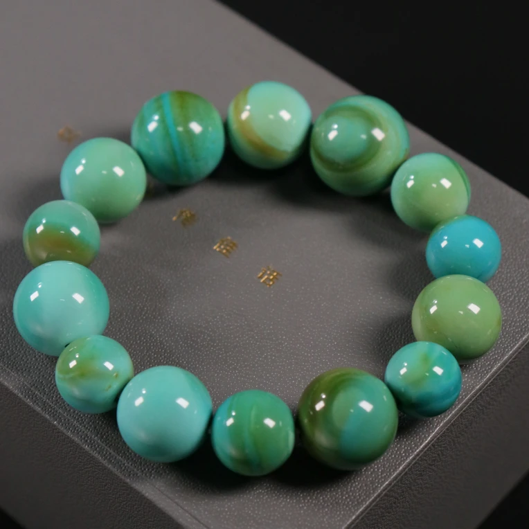 原矿绿松石精品水波纹圆珠手串，直径11.2-16mm，重49.8g，圈围15cm
