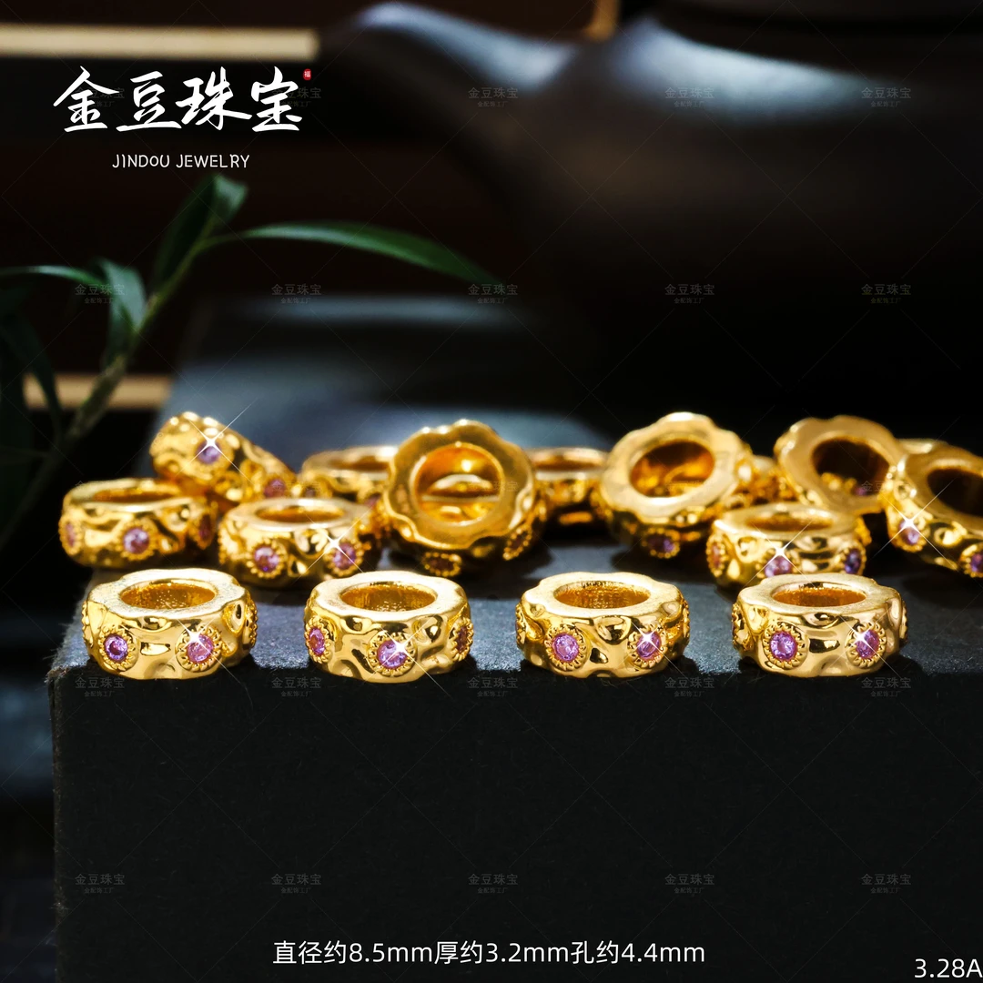 【金豆】18K金光面8.5mm薰衣草紫大孔甜甜圈跑环卡环盘缠隔片厚5D金