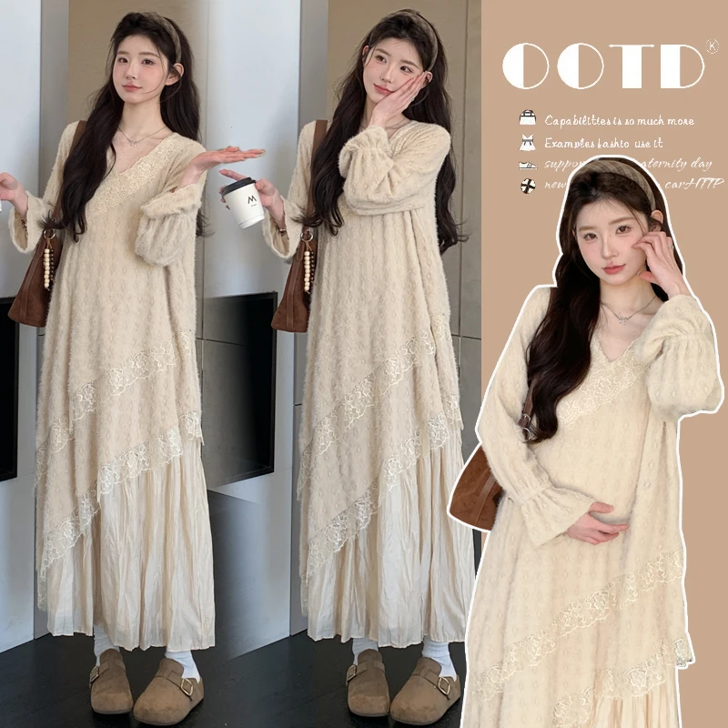 孕妇装重工提花压褶秋冬长袖蕾丝长裙内搭设计感慵懒风连衣裙