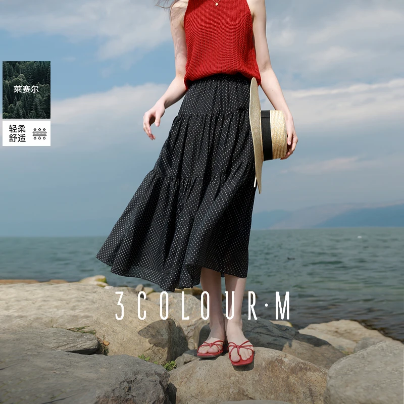 【莱赛尔】三彩2025夏季新款天丝高腰半身裙复古波点A字裙长裙女M