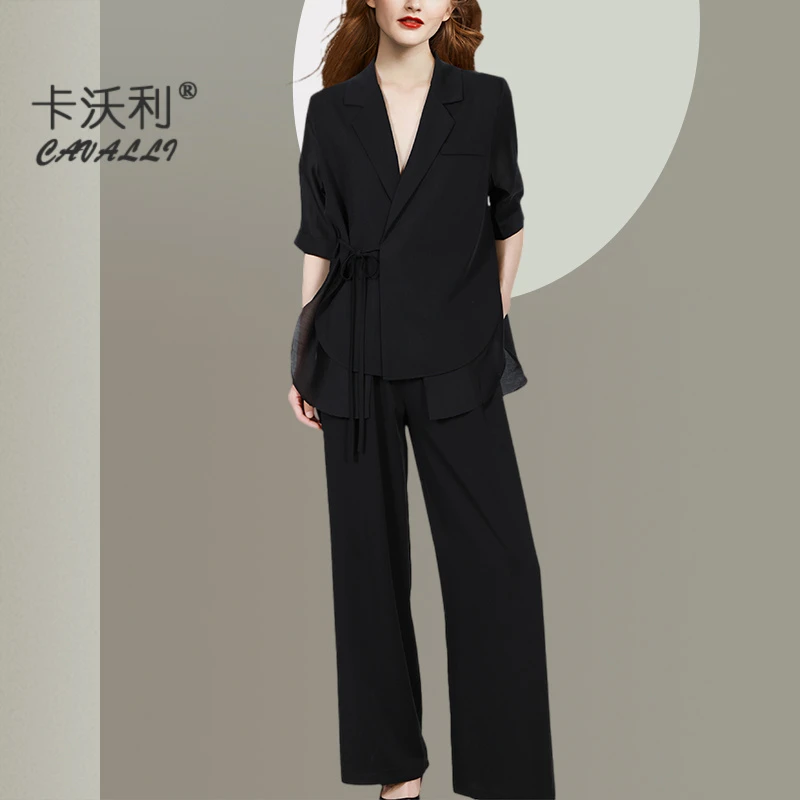 2025夏季新款黑色西装气质显瘦拼接阔腿裤两件套简约复古时尚套装