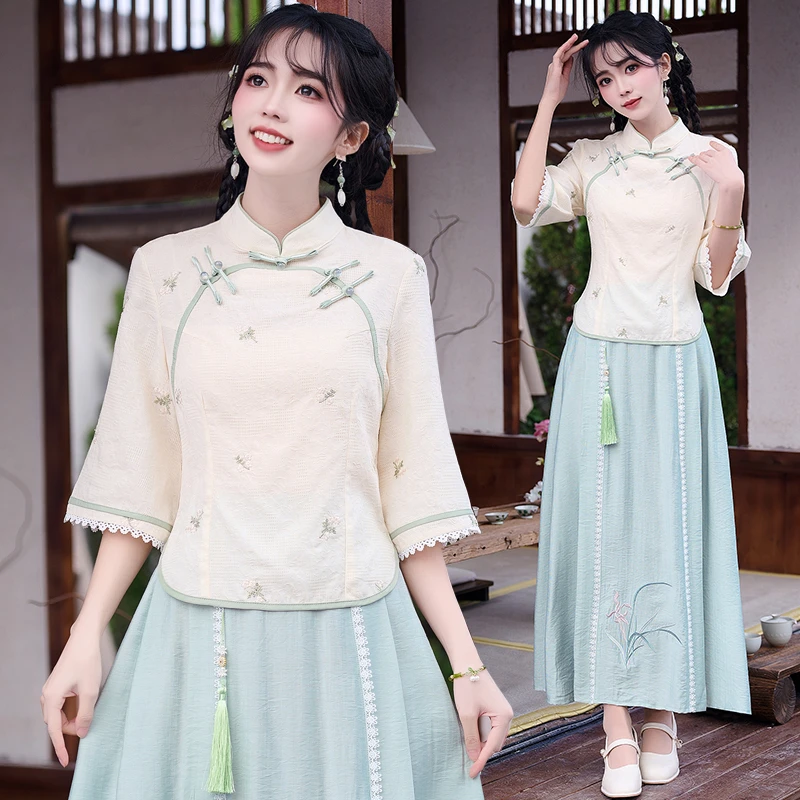 2025春夏新中式国风斜襟刺绣盘扣上衣复古日常半身裙茶艺服汉服女