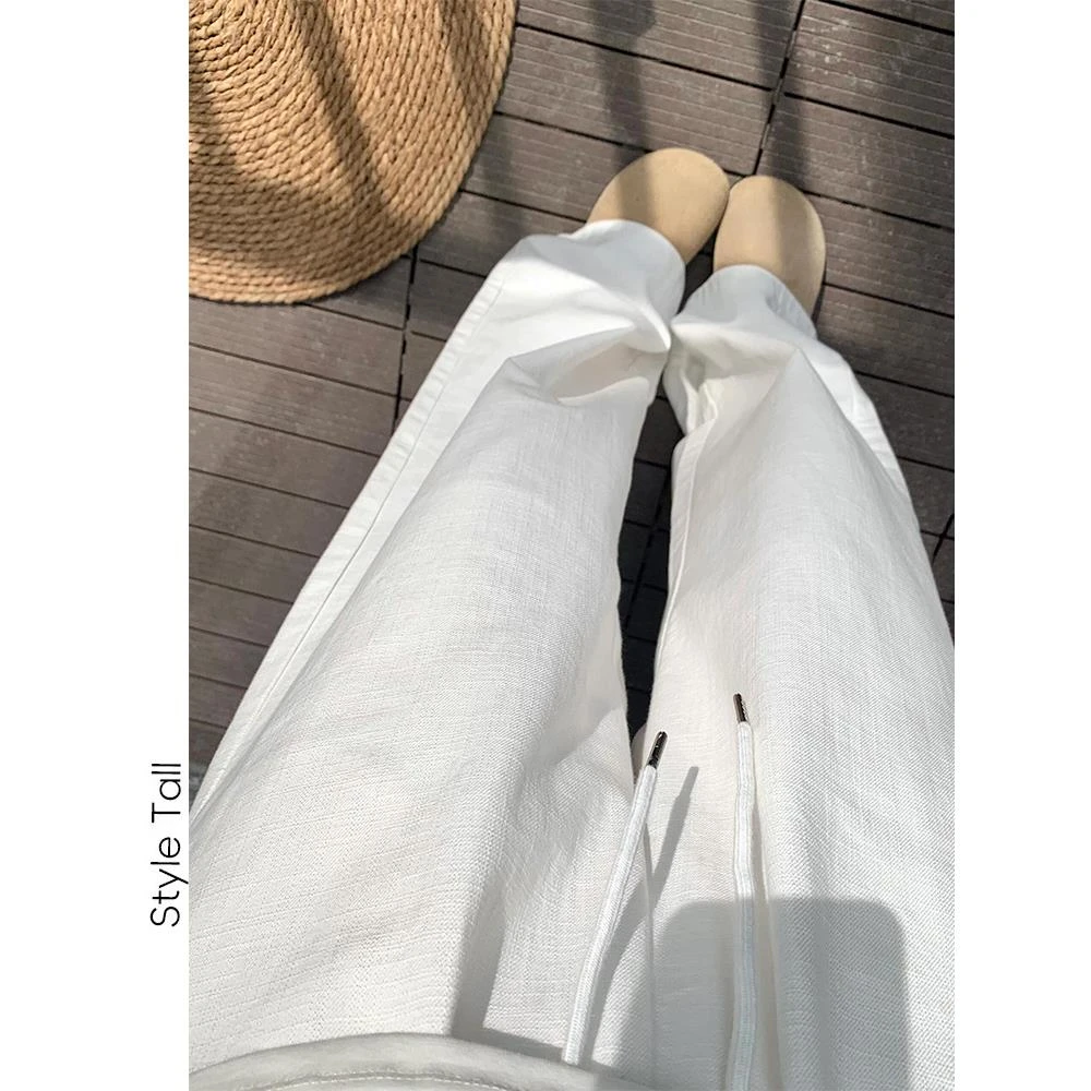 白色棉麻百搭直筒裤子夏季休闲裤女高个子加长阔腿高腰垂感显瘦裤