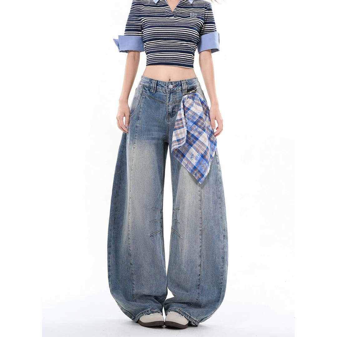 Forever 21美式复古方巾阔腿牛仔裤男2025新款宽松显瘦直筒弯刀裤