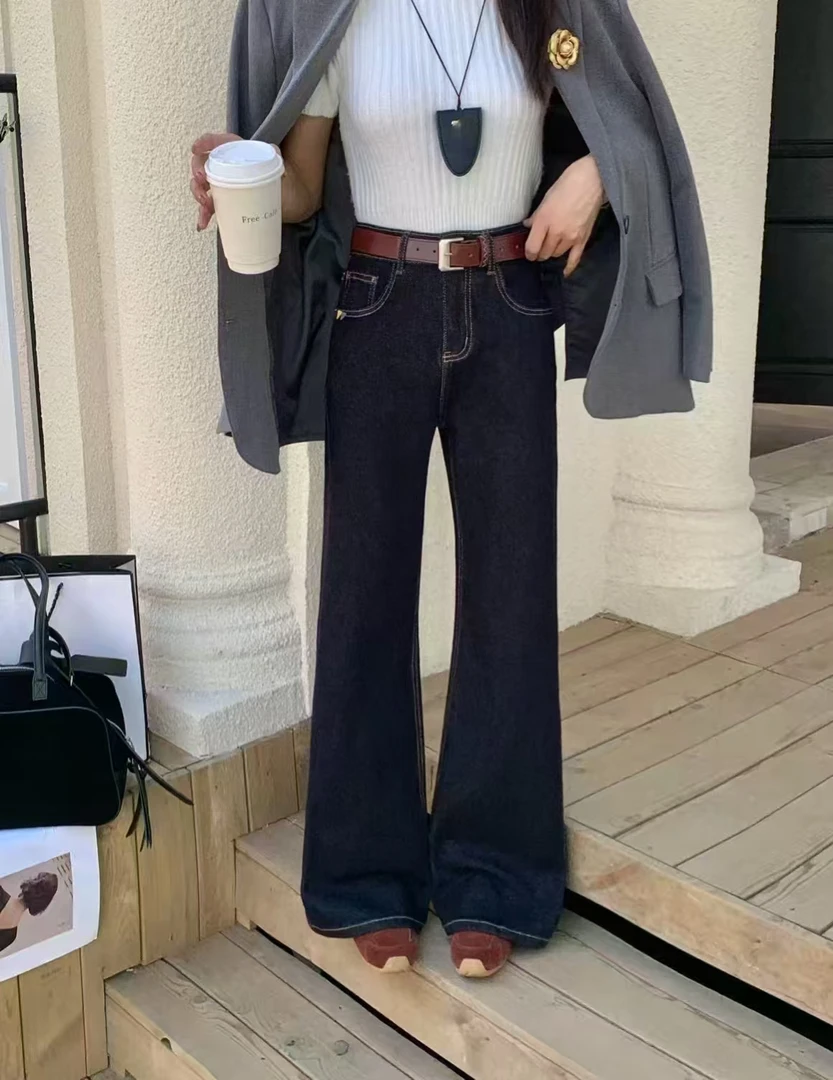 9292-AQ深蓝色弹力牛仔直筒微喇裤