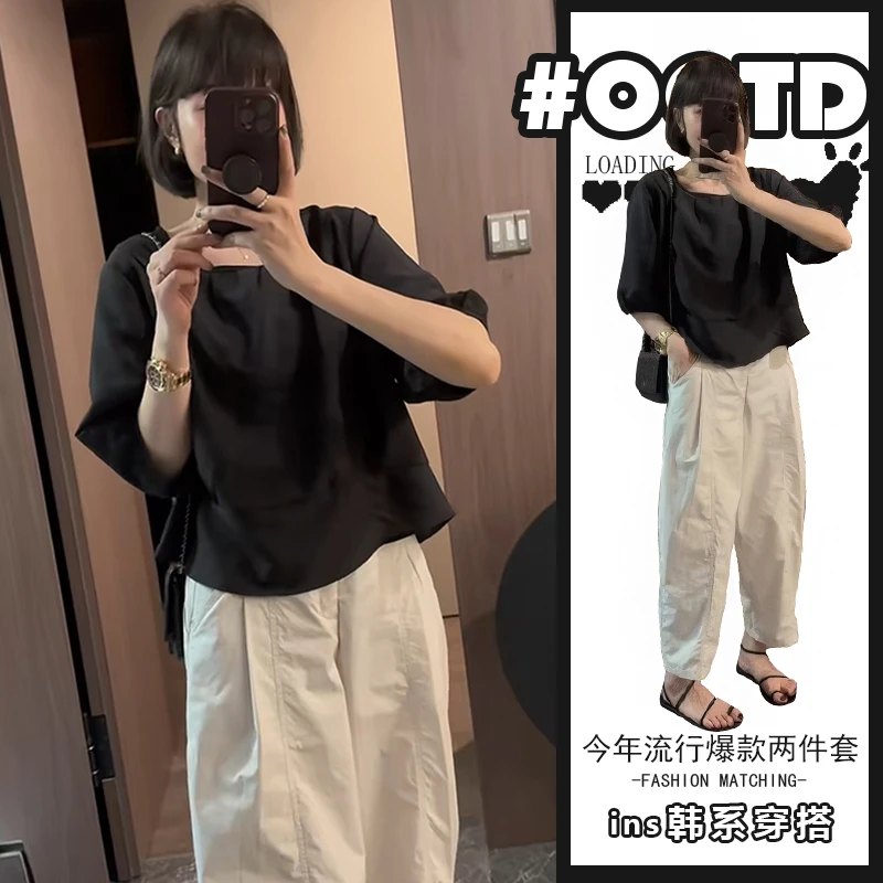 黑色短袖衬衫女夏季2025爆款显瘦气质上衣百搭休闲裤子两件套