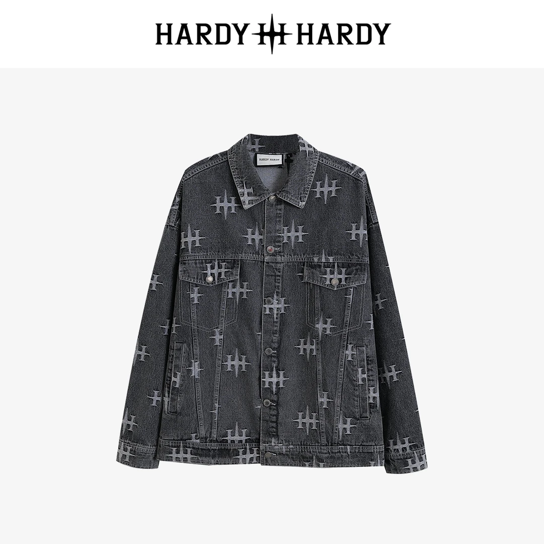 春季新款字母提花牛仔夹克复古翻领外套男女同款上衣