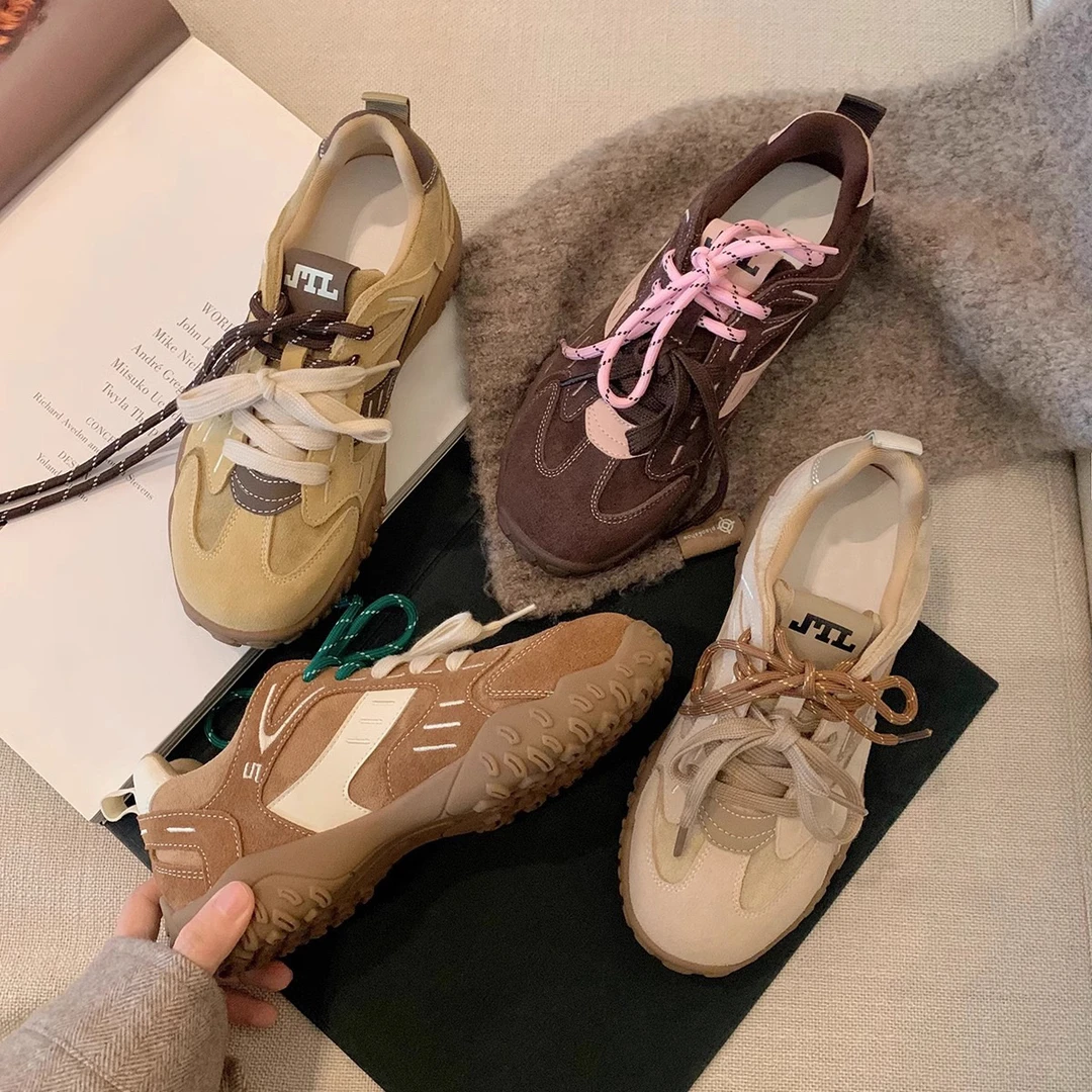 芭蕾厚底内增高真皮绒里德训板鞋春秋新款运动风休闲阿甘红色鞋子