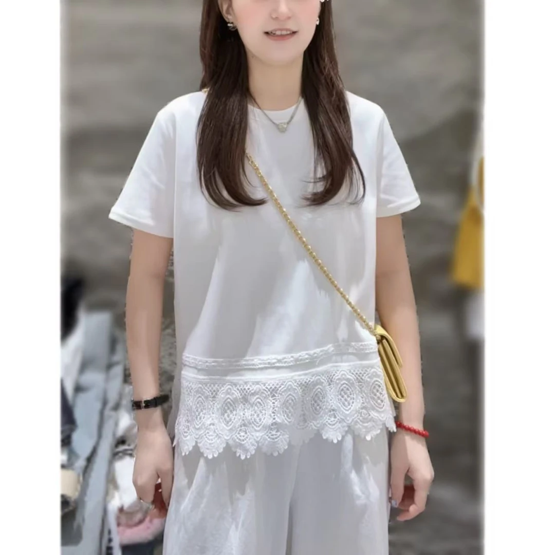 【三懿服饰】新品圆领休闲百搭显瘦拼接下摆蕾丝短袖T恤-7621