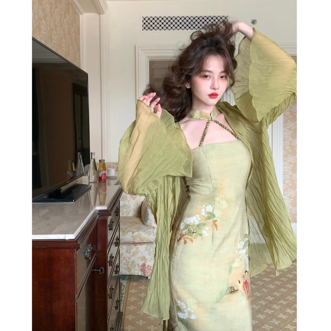 酒午自制显瘦气质法式复古新中式防晒长袖开衫荷叶边下摆-KLF3194