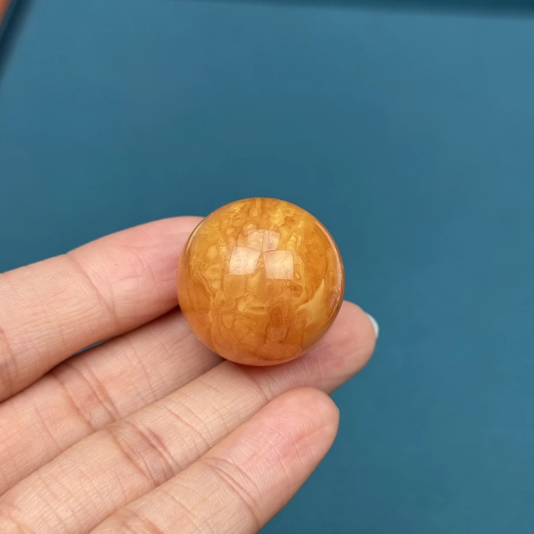 A5260天然原矿蜜蜡鸡油黄圆珠24mm7.7克抖音基地质检发货